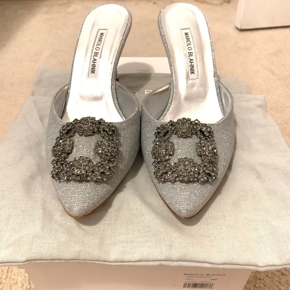 SOLD:Manolo Blahnik Hangisi Mules Silver Fabric 70 - Picture 6 of 6